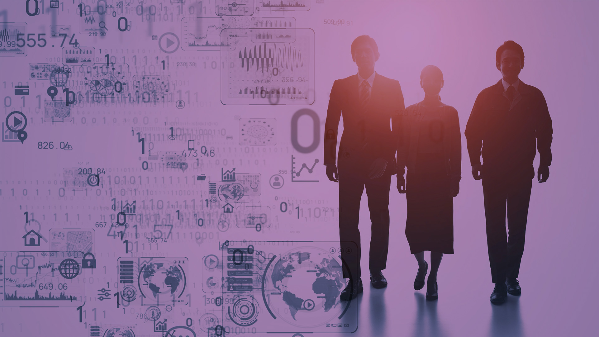 Three people walking in a pink background with computer text.